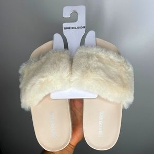 True Religion Cream Faux Fur Slides